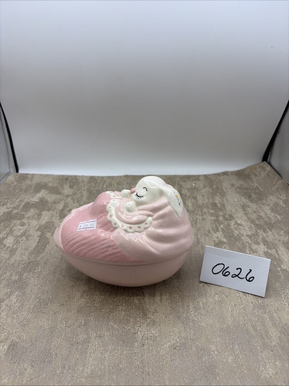 Vintage Holland Mold Ceramic Porcelain Bunny Sleeping Egg Candy Bowl Decorative